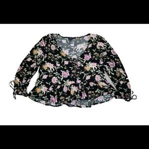 American Eagle Top Medium Black Floral V Neck Peplum Lace Up Boho Hippie Blouse